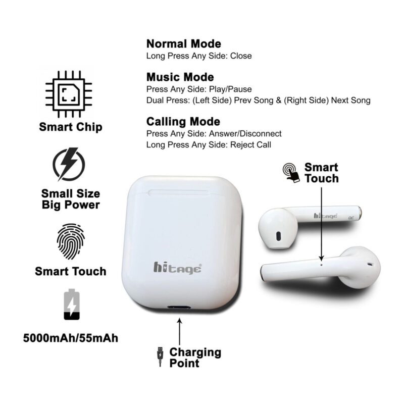 Hitage TWS-31 Wireless Earbuds Touch Control Bluetooth Headset (White In the Ear)