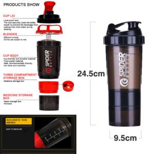 Gym Shaker Bottle, Shakers for Protein Shake with 2 Storage Compartment (High Density Polyethylene, Pack of 1, Black & Red)