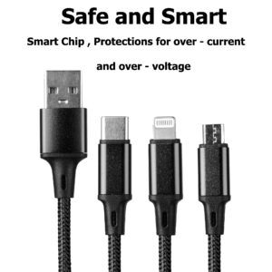 Hitage WB-686 USB Type C Cable 1.2 m Multi Charging Cable Nylon Braided Multiple Android, iOS and Type C Devices USB Port (Black, 3 IN 1 Cable)