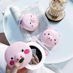 2 in 1 Cute Piggy Mini Cosmetic LED Mirror Light with Silicon Fan, USB Rechargeable Pig Cartoon Travel Makeup Mirror